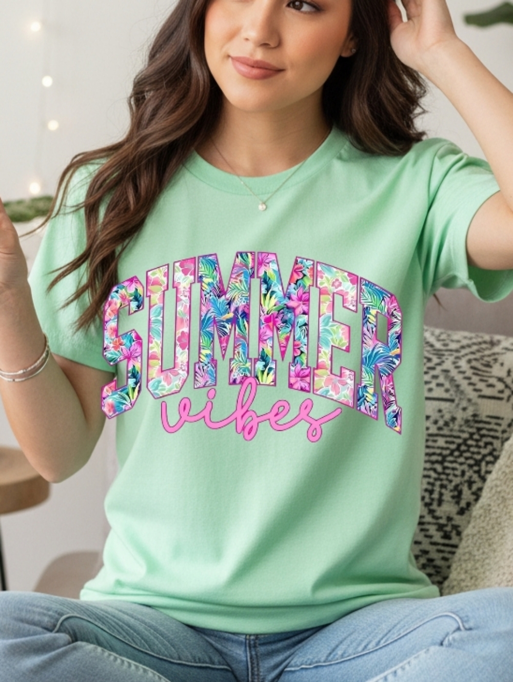 Gildan Mint 'Summer Vibes' Floral Graphic Tee